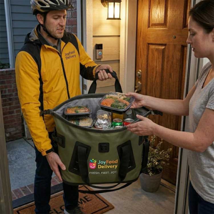 insulated soft cooler tote bag for food delivery with branded logo at a doorstep insulated soft cooler tote bag for food delivery with branded logo at a doorstep