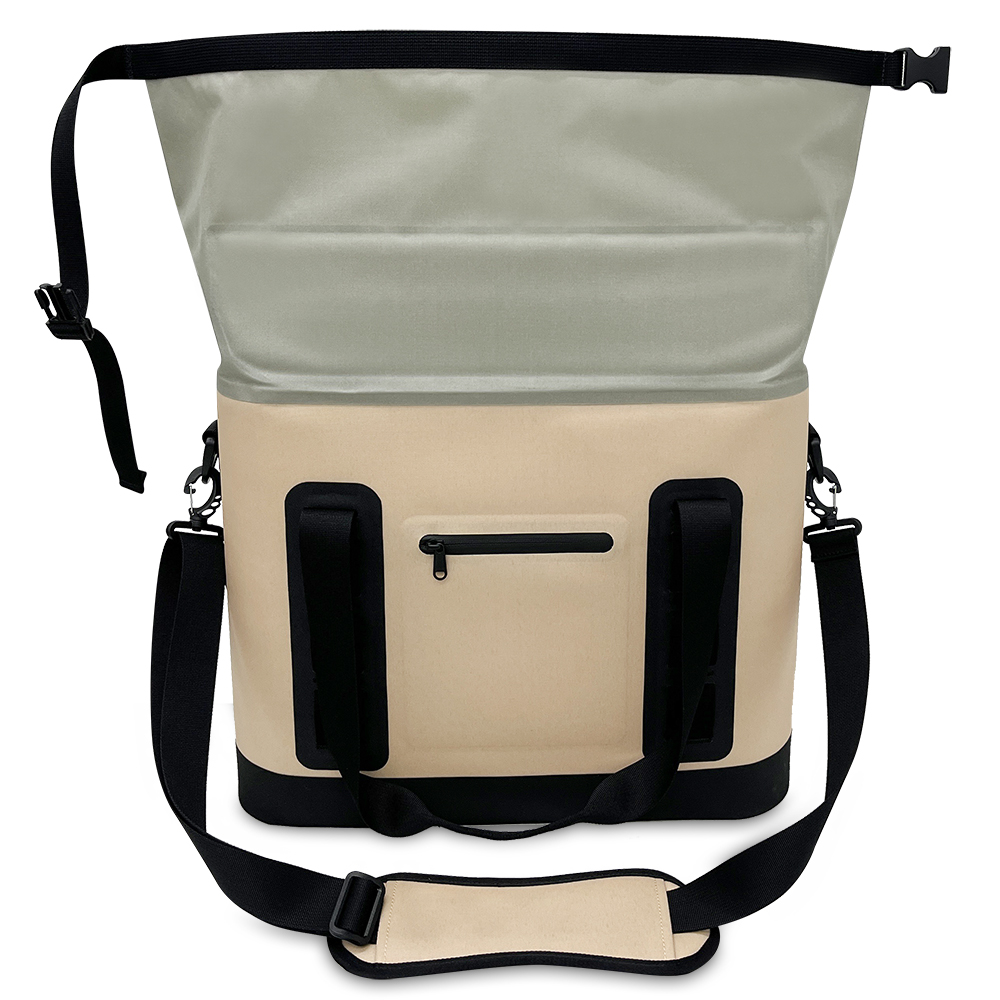 leakproof roll-top soft cooler with waterproof zip pocket open