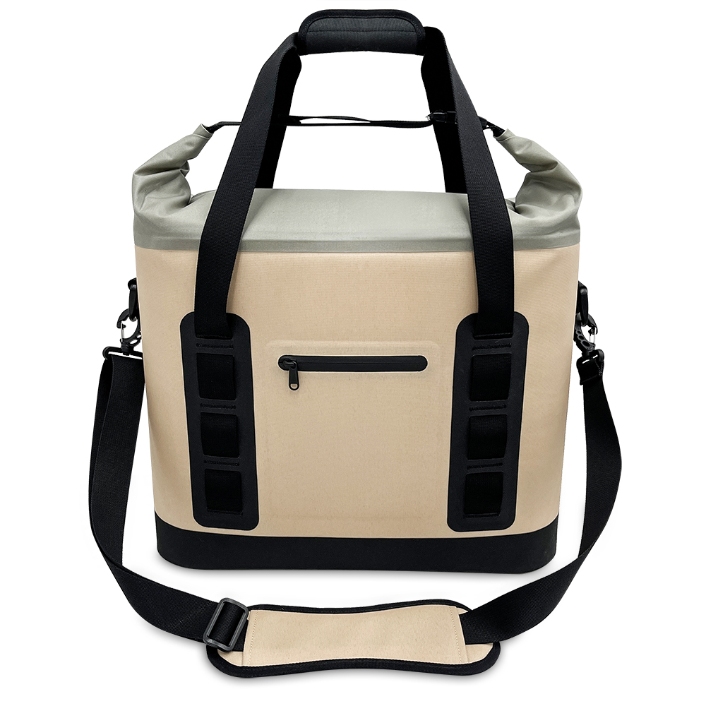 roll-top closure and tote handles on leakproof soft cooler