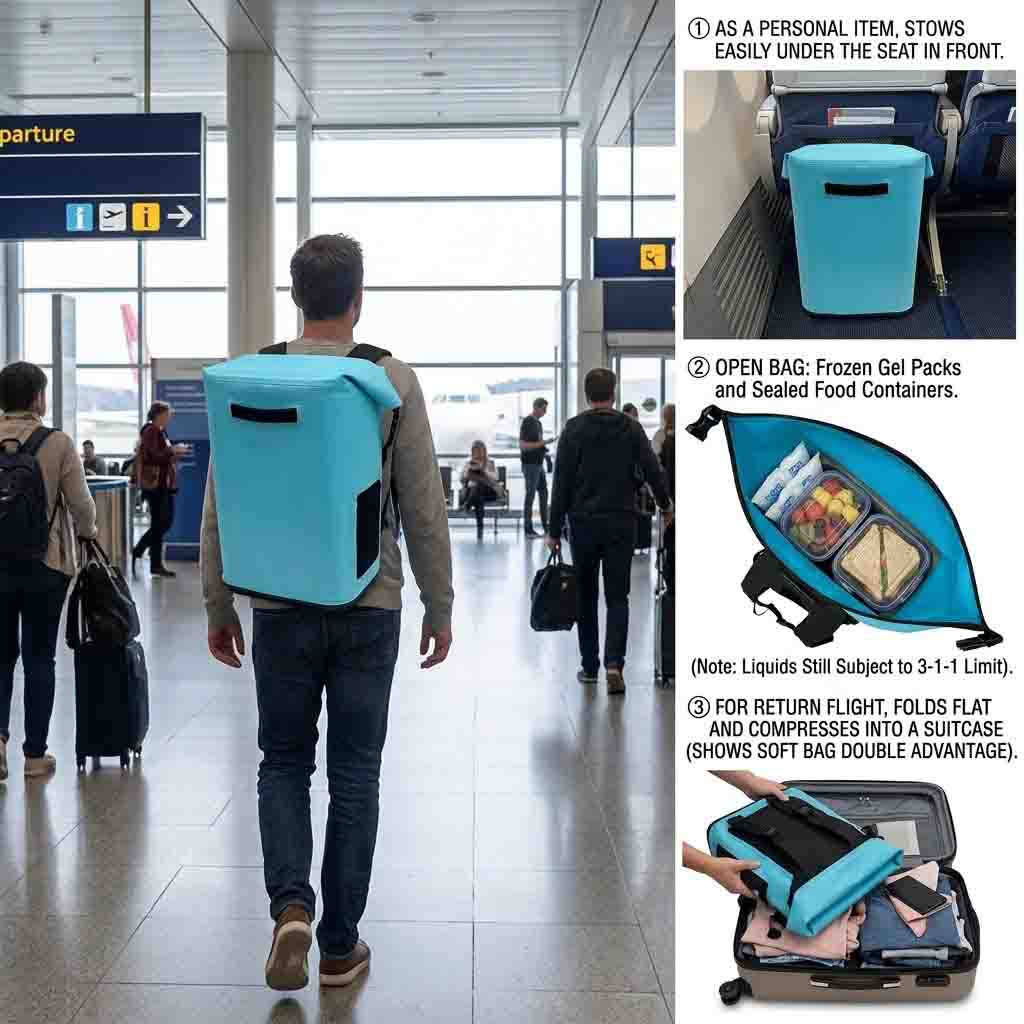 travel cooler backpack carried through an airport, stowed under the seat, and packed flat into a suitcase for the return leg