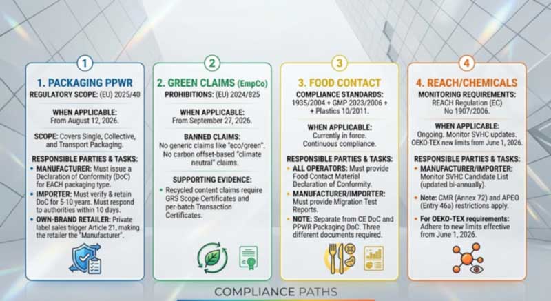four EU compliance documents a cooler bag supplier must support: PPWR packaging DoC, green claims evidence, food contact declaration and REACH four EU compliance documents a cooler bag supplier must support: PPWR packaging DoC, green claims evidence, food contact declaration and REACH